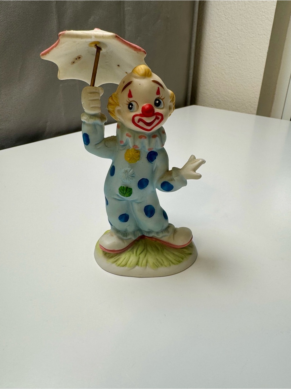Lefton Porcelain Clown Figurine with Umbrella - Blue, Red, Yellow